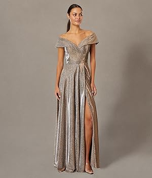 Amazon.com: Xscape Off-The-Shoulder Long Glitter Dress Sand